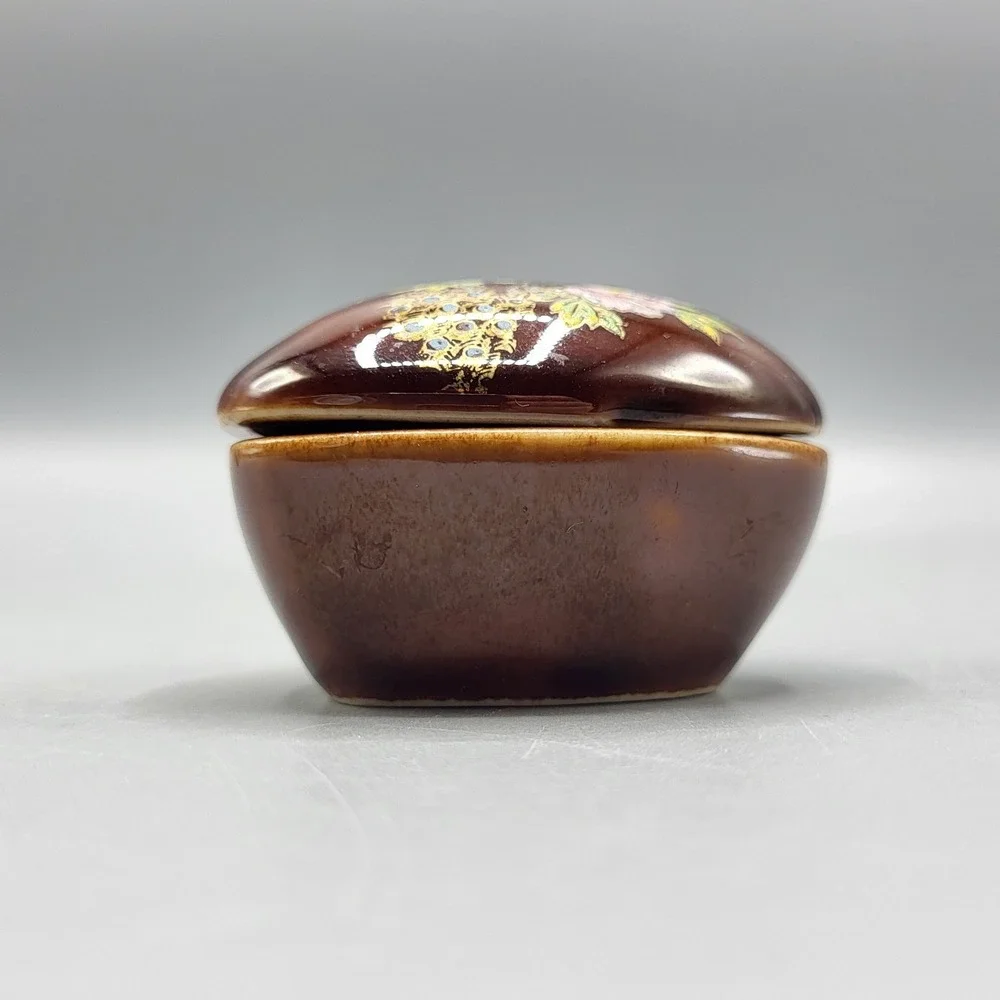 Heart Trinket Box Miniature Peacock Peony Floral Ceramic Brown Shelf Decor